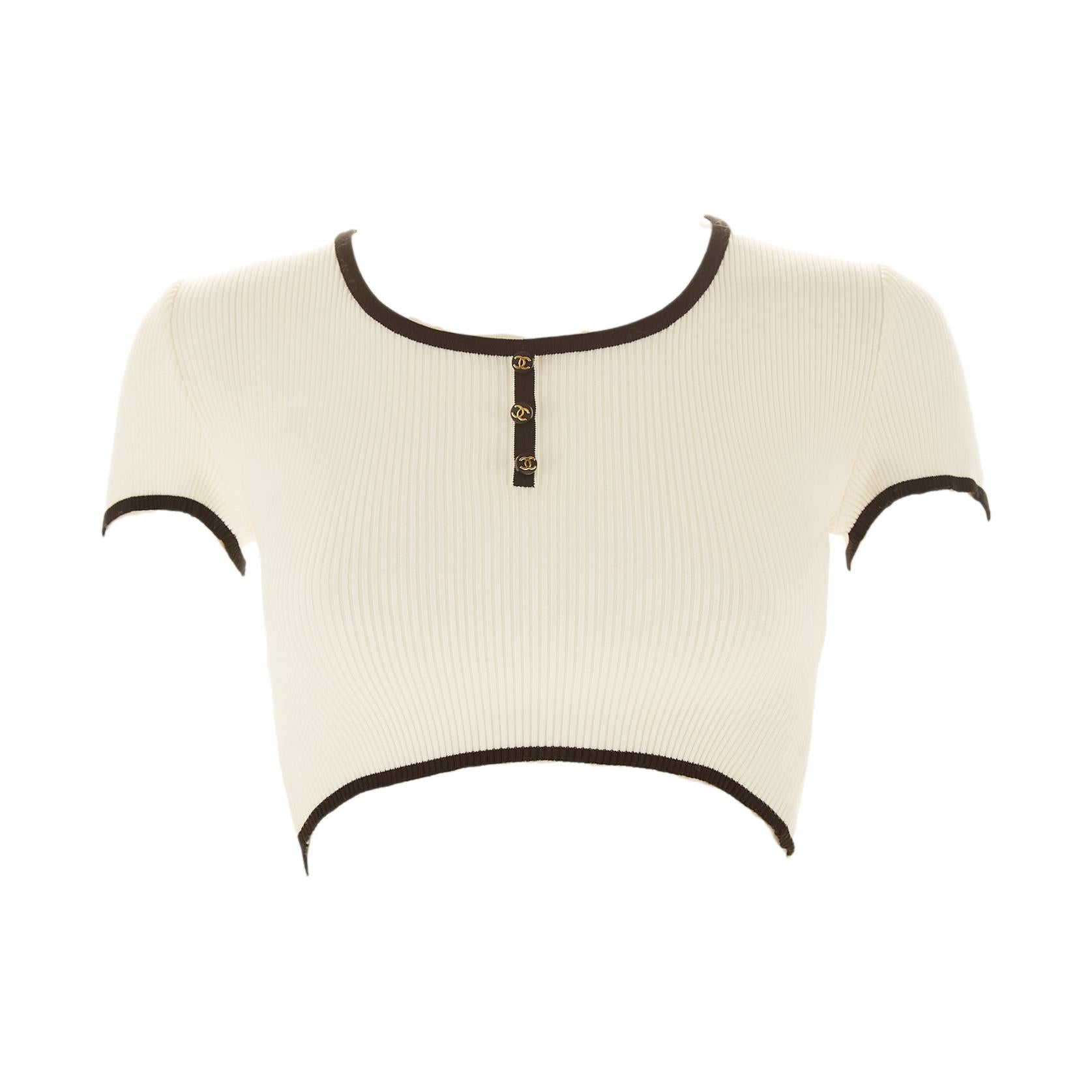 Chanel White Ribbed Logo Button Crop Top – Treasures of NYC