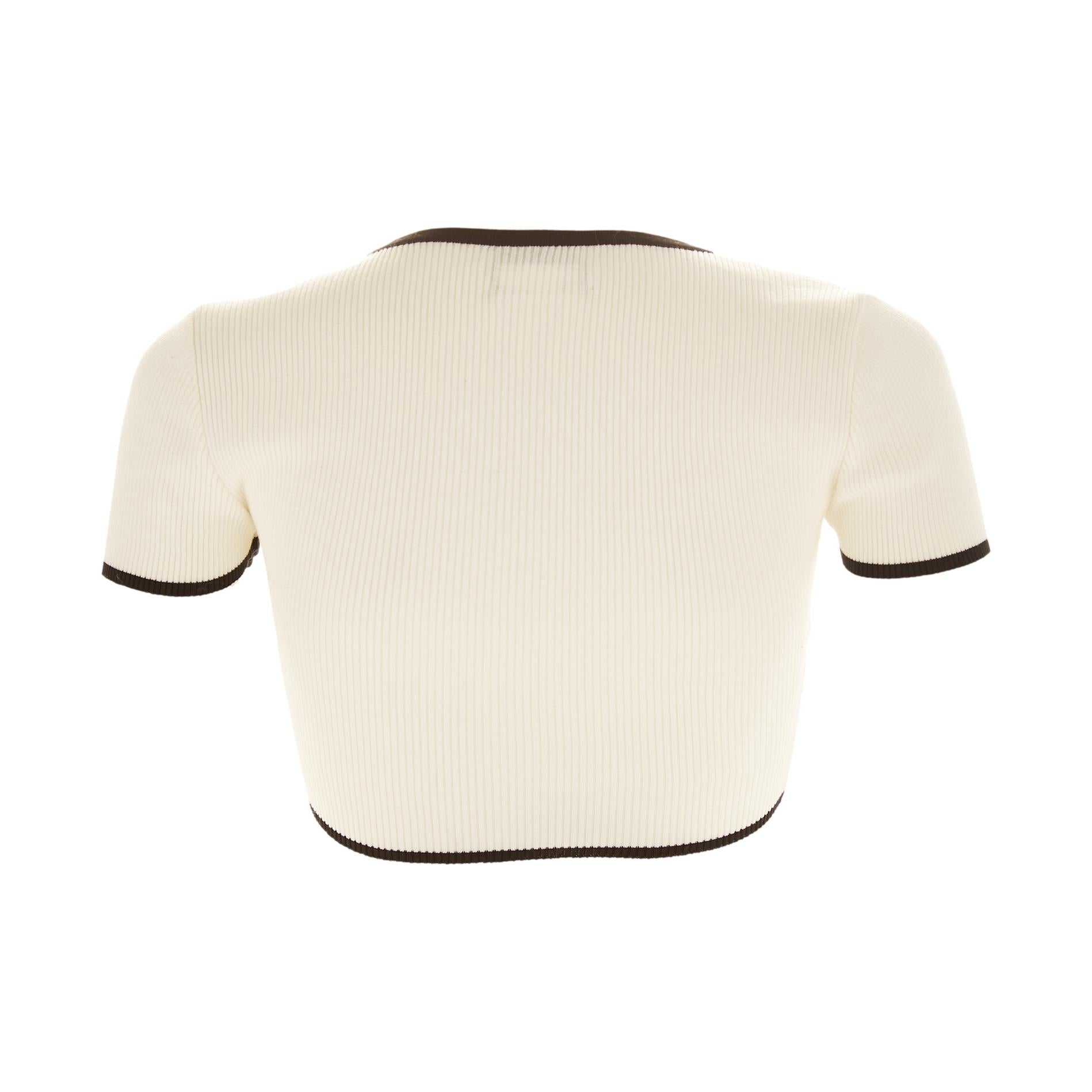 Chanel White Ribbed Logo Button Crop Top