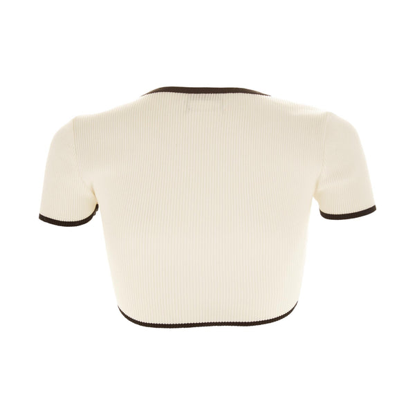 Chanel White Ribbed Logo Button Crop Top