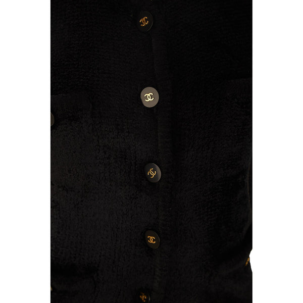 Chanel Black Chenille Logo Button Jacket