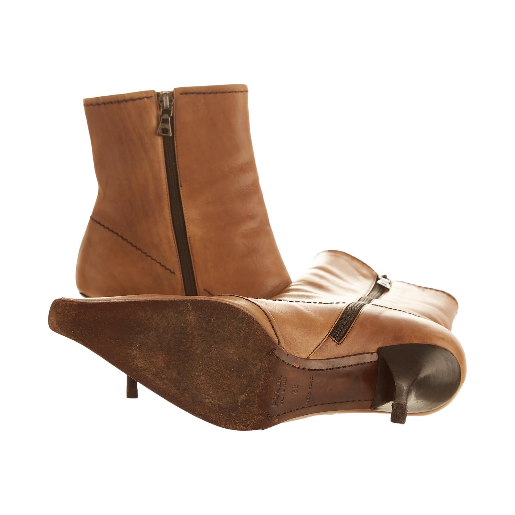 Prada Brown Leather Flower Ankle Boots