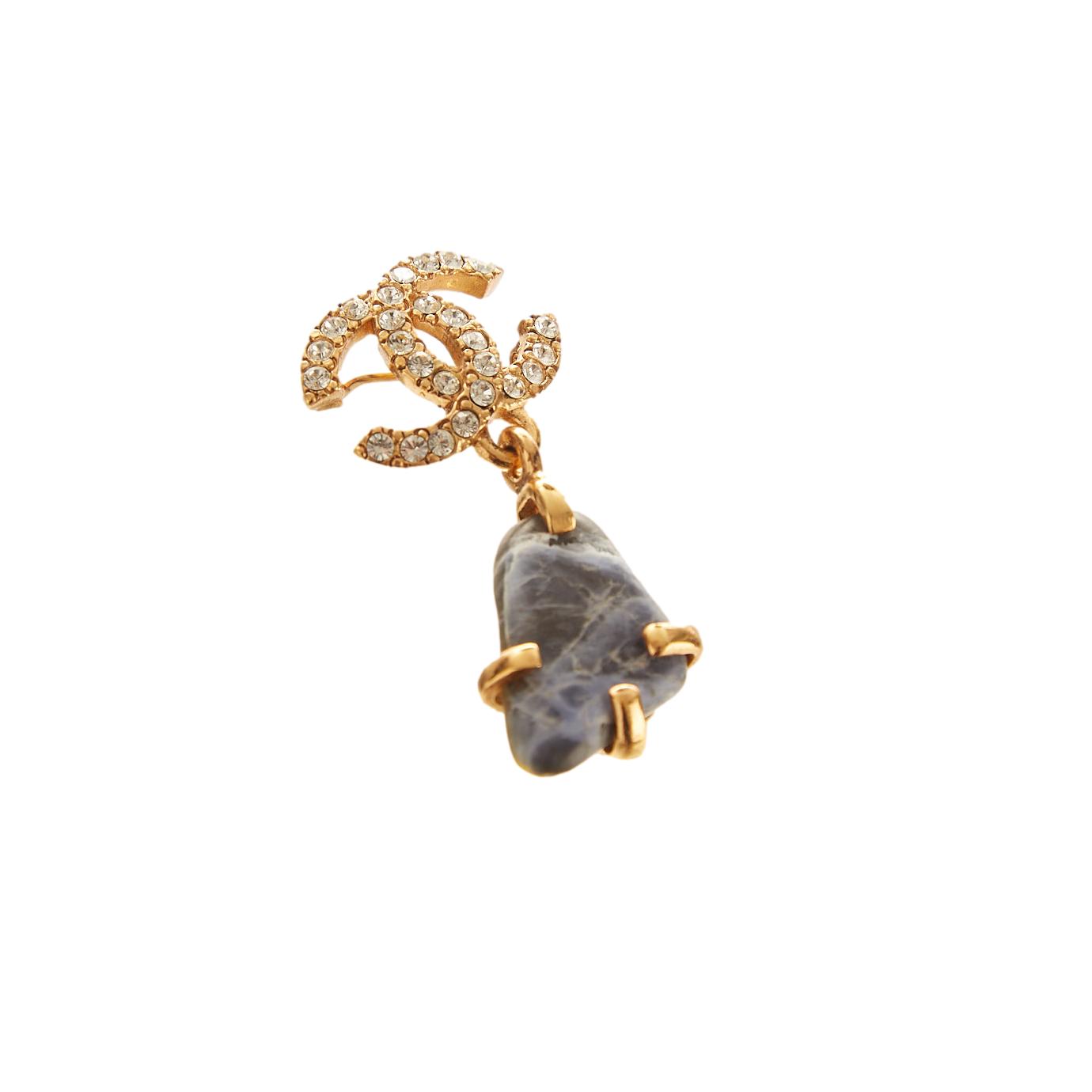 Chanel Gold Stone Rhinestone Logo Drop Pin
