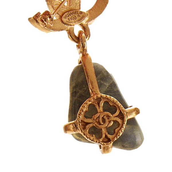 Chanel Gold Stone Rhinestone Logo Drop Pin