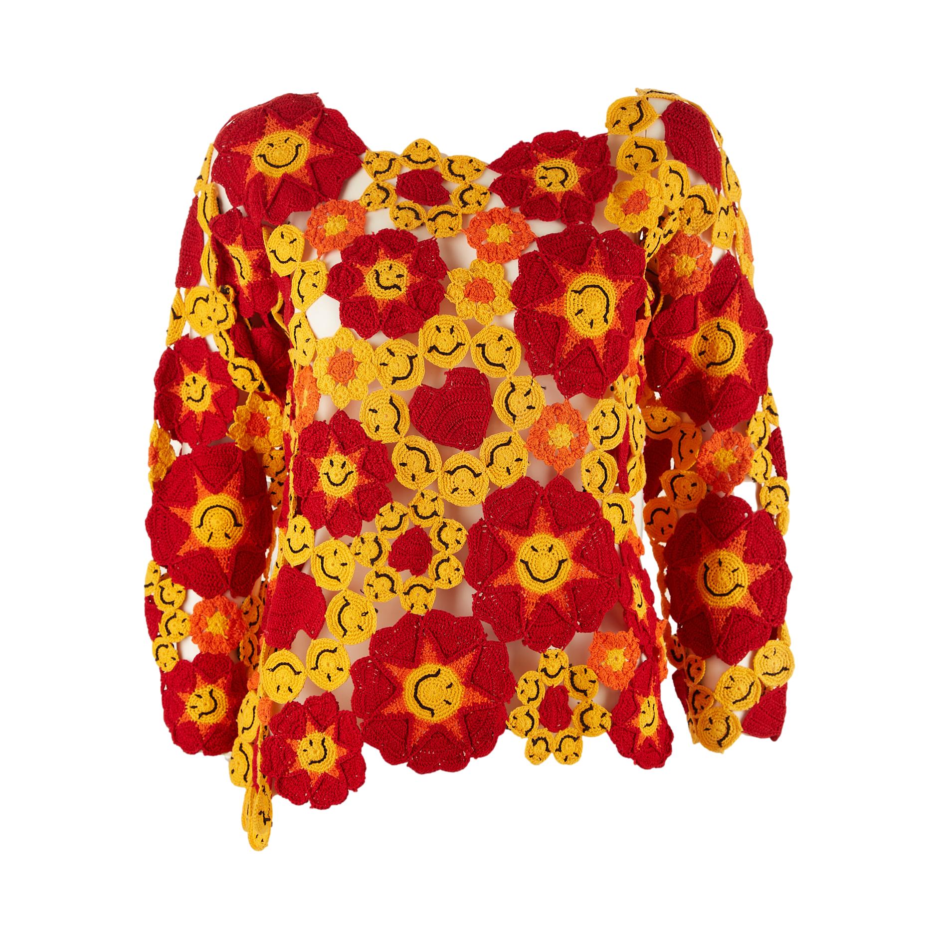 Moschino Red Smiley Face Crochet Long Sleeve Top