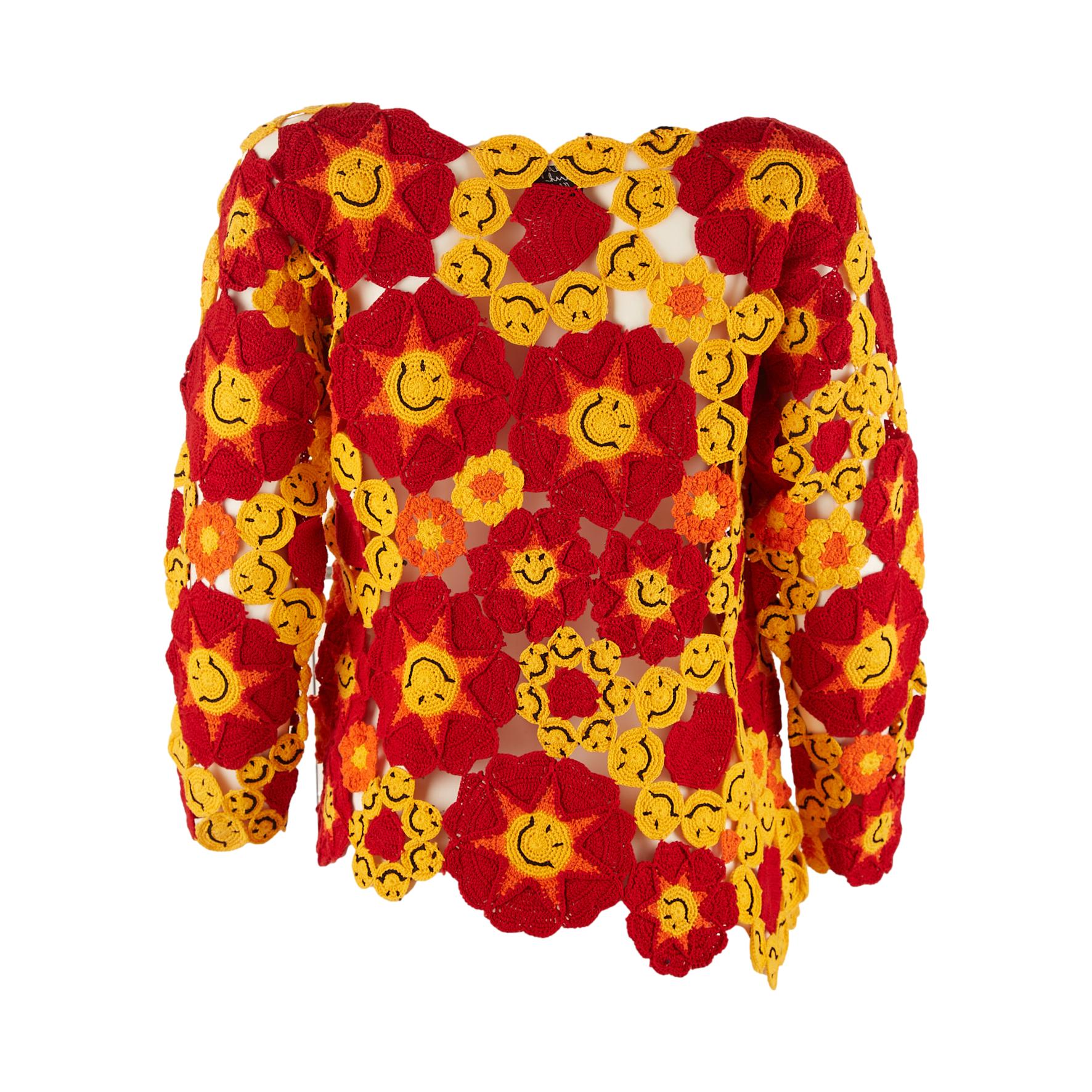 Moschino Red Smiley Face Crochet Long Sleeve Top