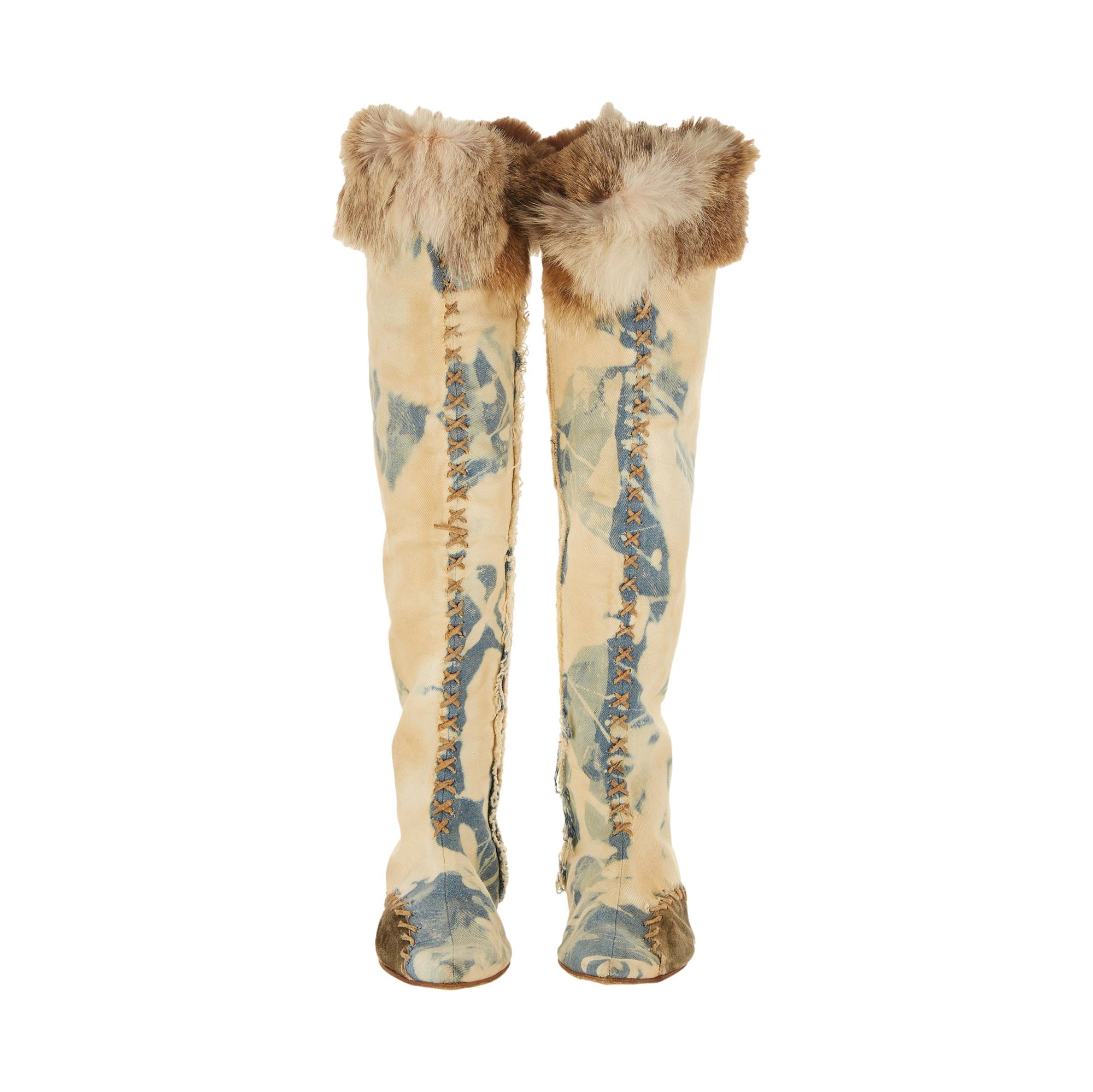 Galliano Distressed Denim Fur Boots