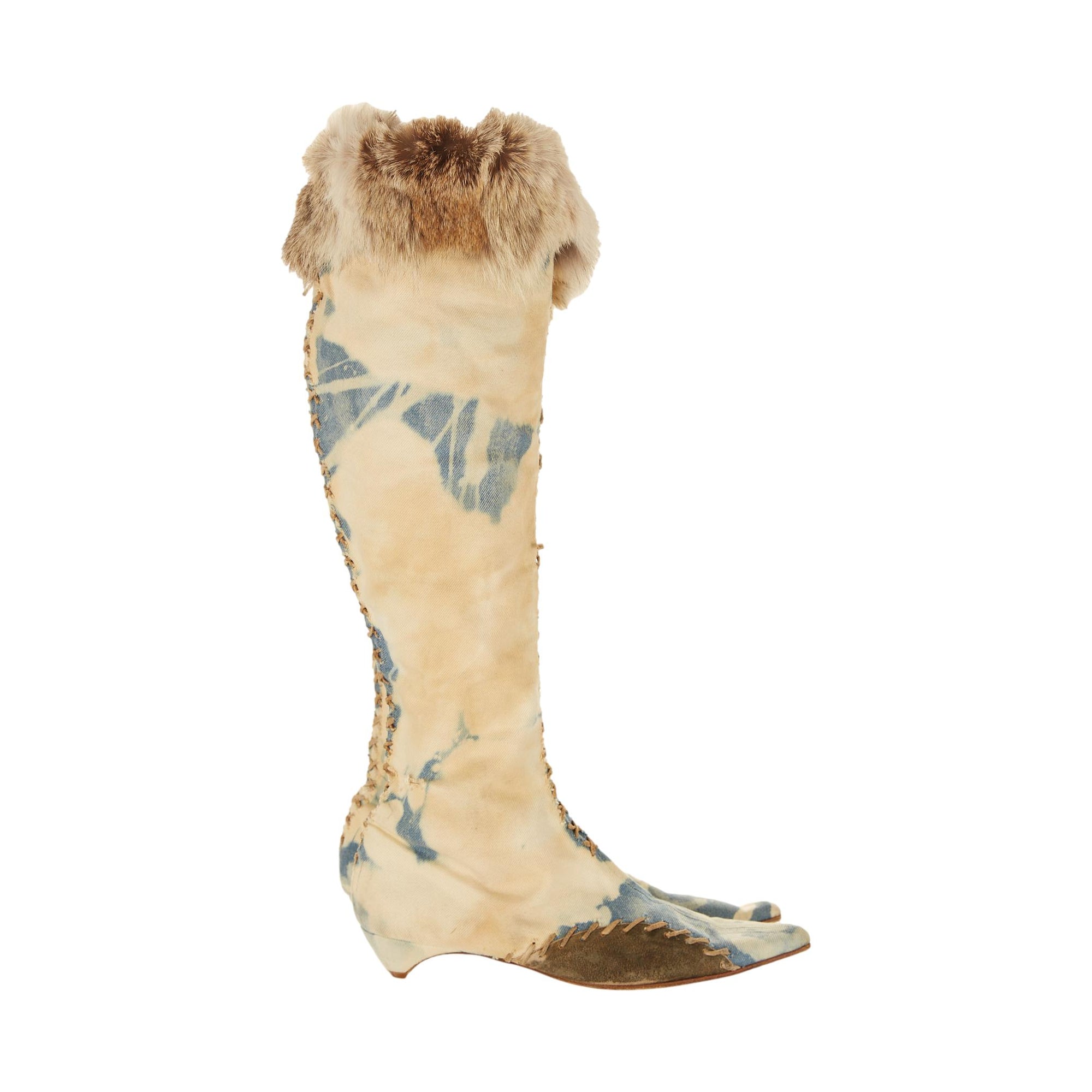 Galliano Distressed Denim Fur Boots