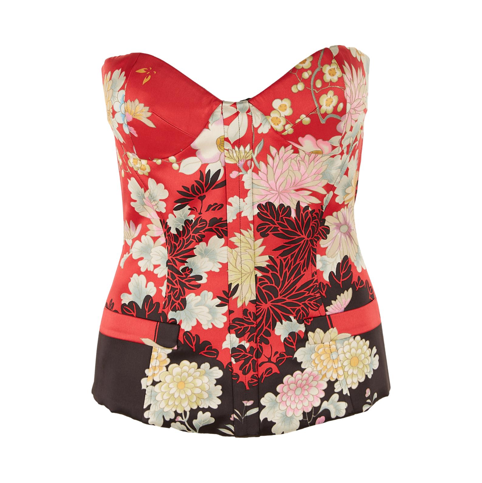 Roberto Cavalli Red Floral Print Bustier Top