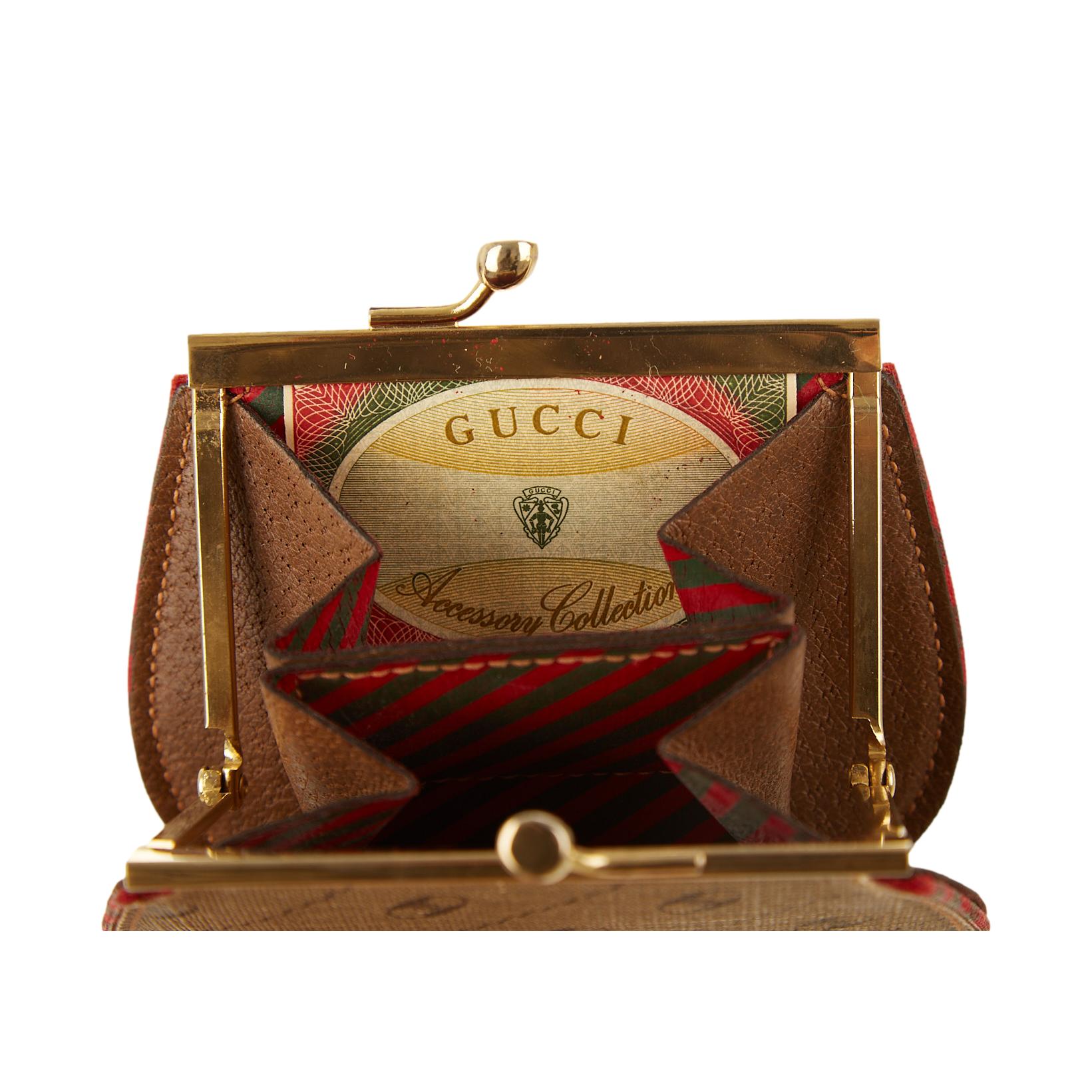 Vintage Old Gucci Coin Purse Kiss Lock Closure Web Brown 