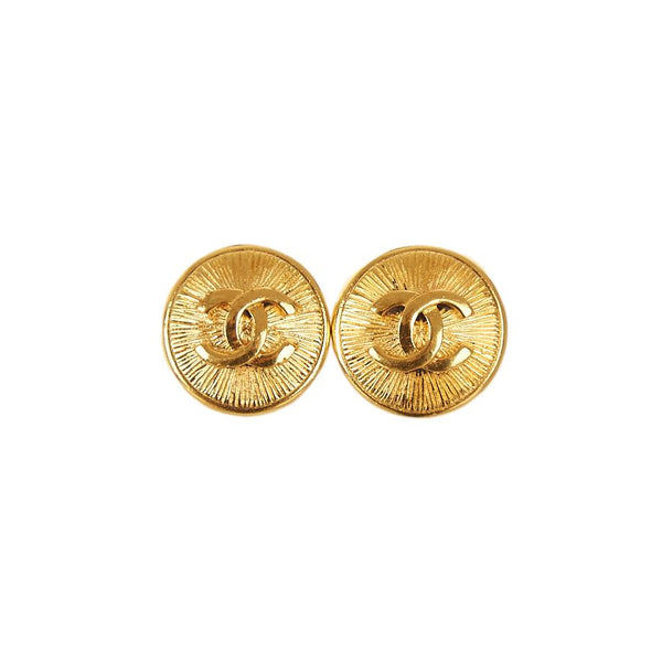 Chanel Gold Medallion Logo Round Earrings