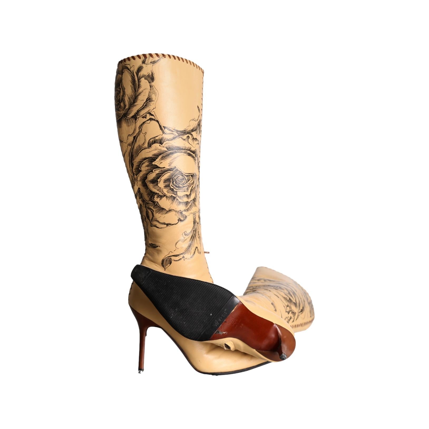 Cavalli Tan Floral Leather Boot - Shoes