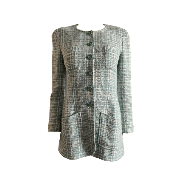 Chanel Baby Blue Tweed Logo Button Blazer - Apparel