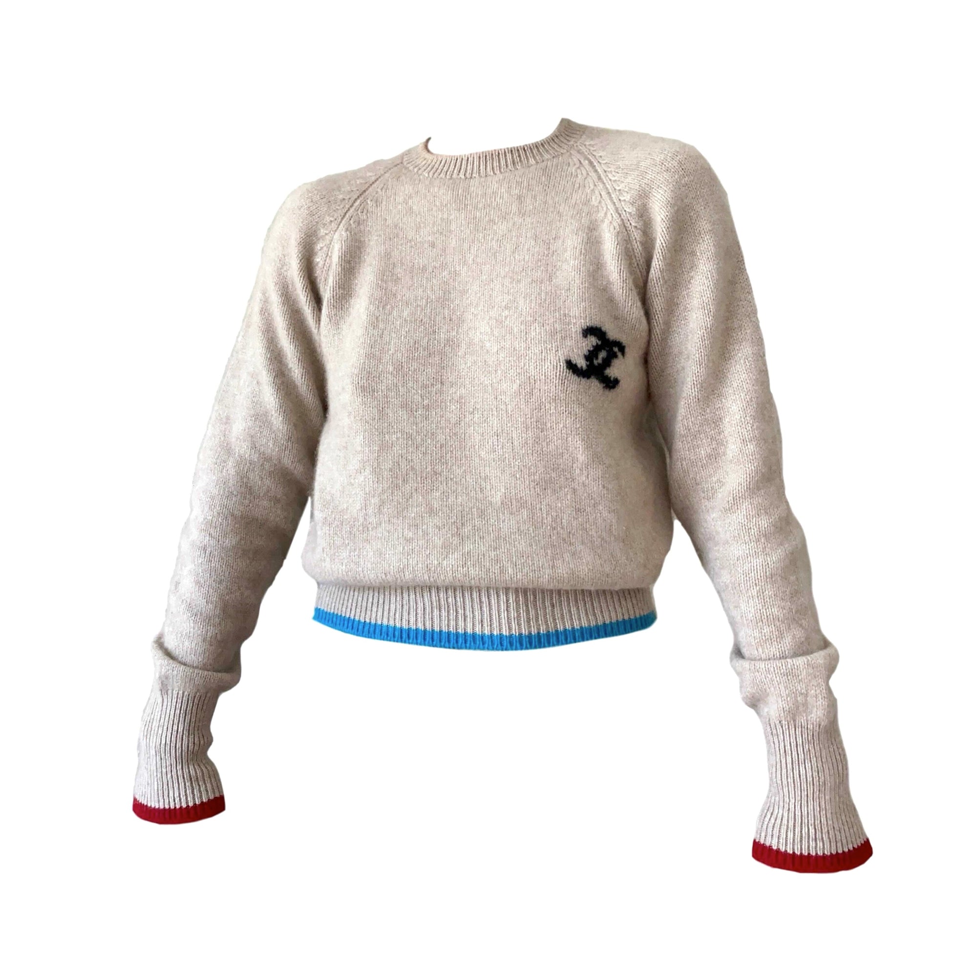 Chanel Beige Contrast Logo Sweater - Apparel