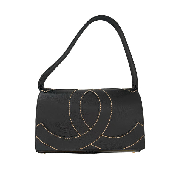 Chanel Black Caviar Logo Shoulder Bag - Handbags
