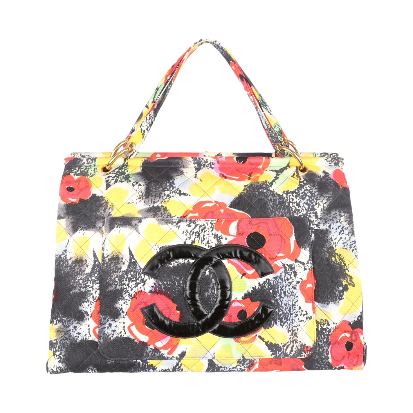 Chanel Black Floral Jumbo Logo Tote - Handbags