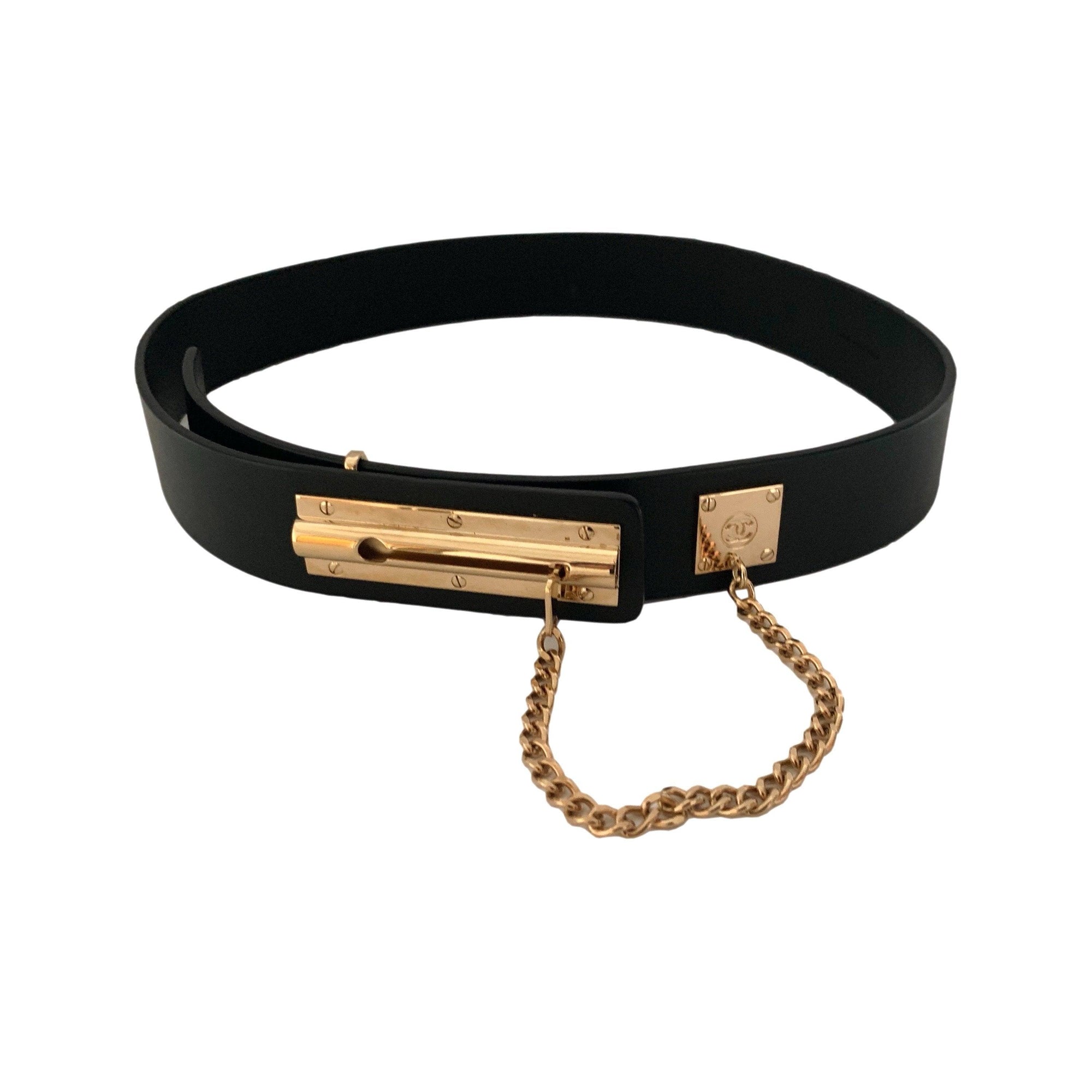 Chanel Black Leather Logo Slider Belt - Accessories