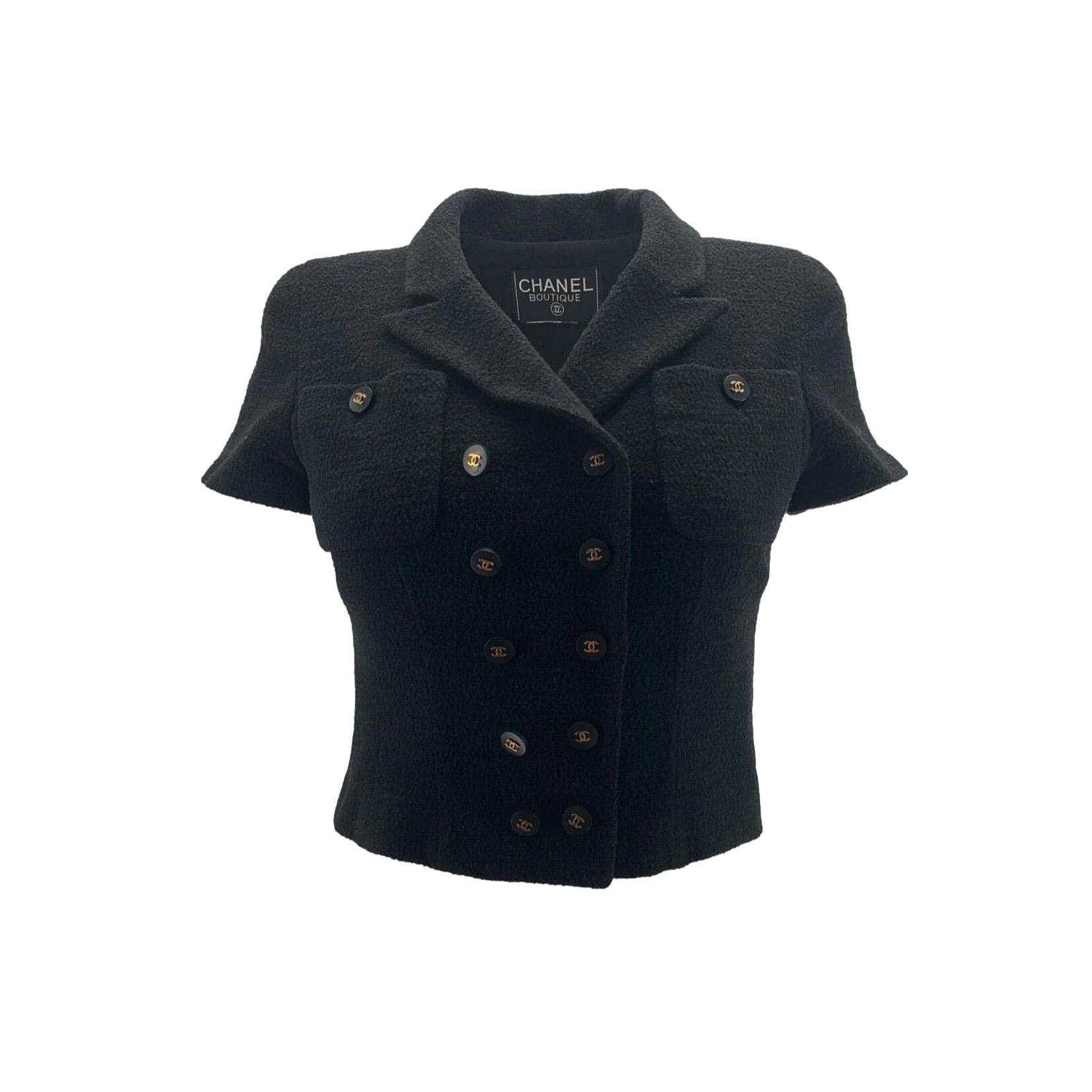 Chanel Black Logo Button Crop Jacket - Apparel