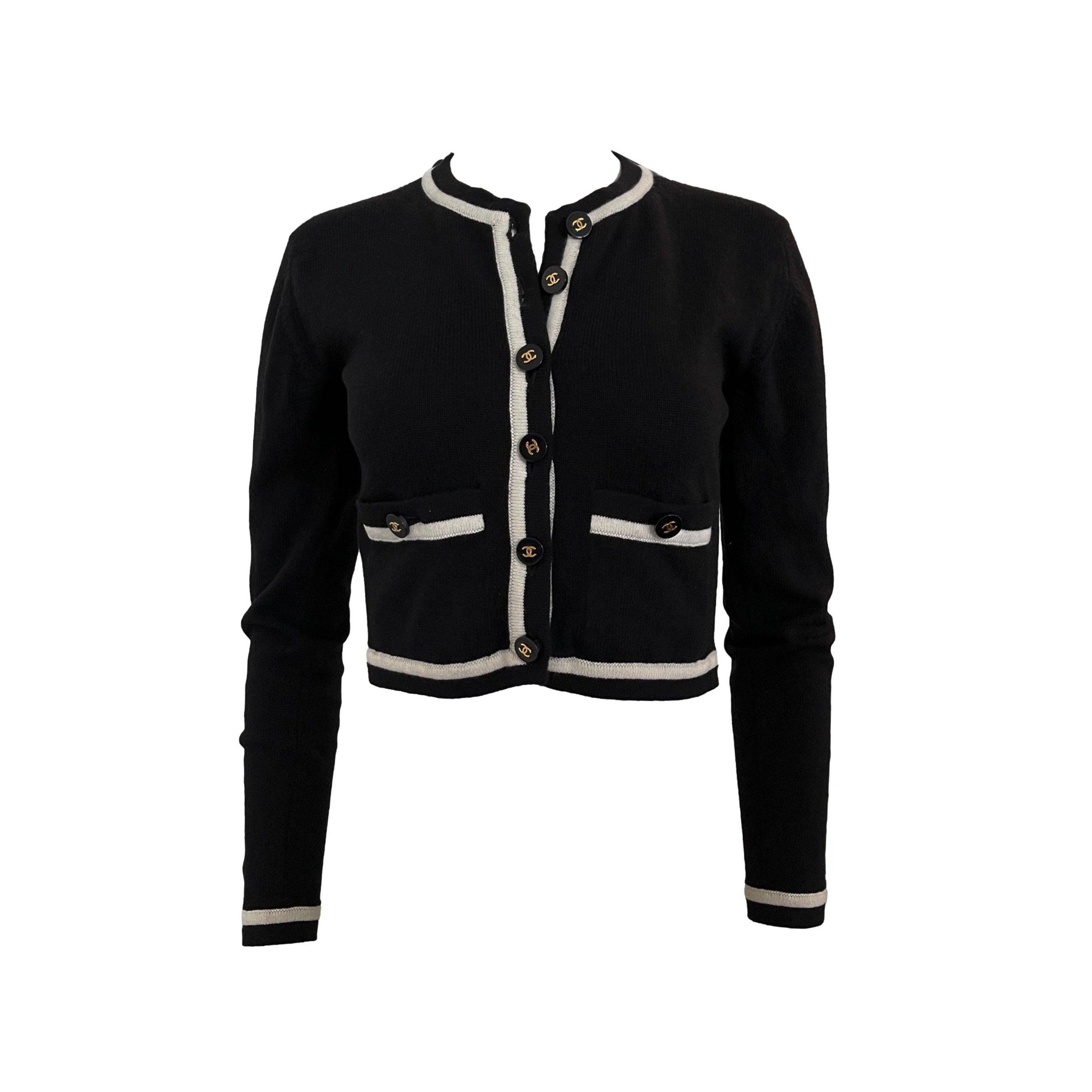 Chanel Black Logo Button Cropped Cardigan - Apparel