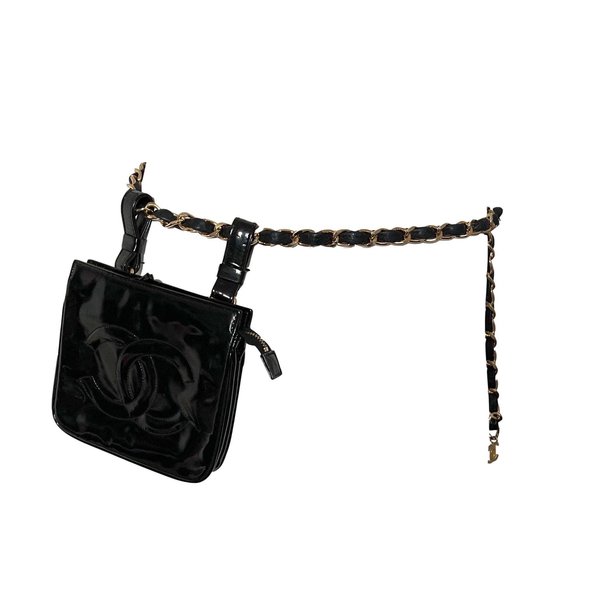 Chanel Black Logo Patent Belt Bag - Handbags