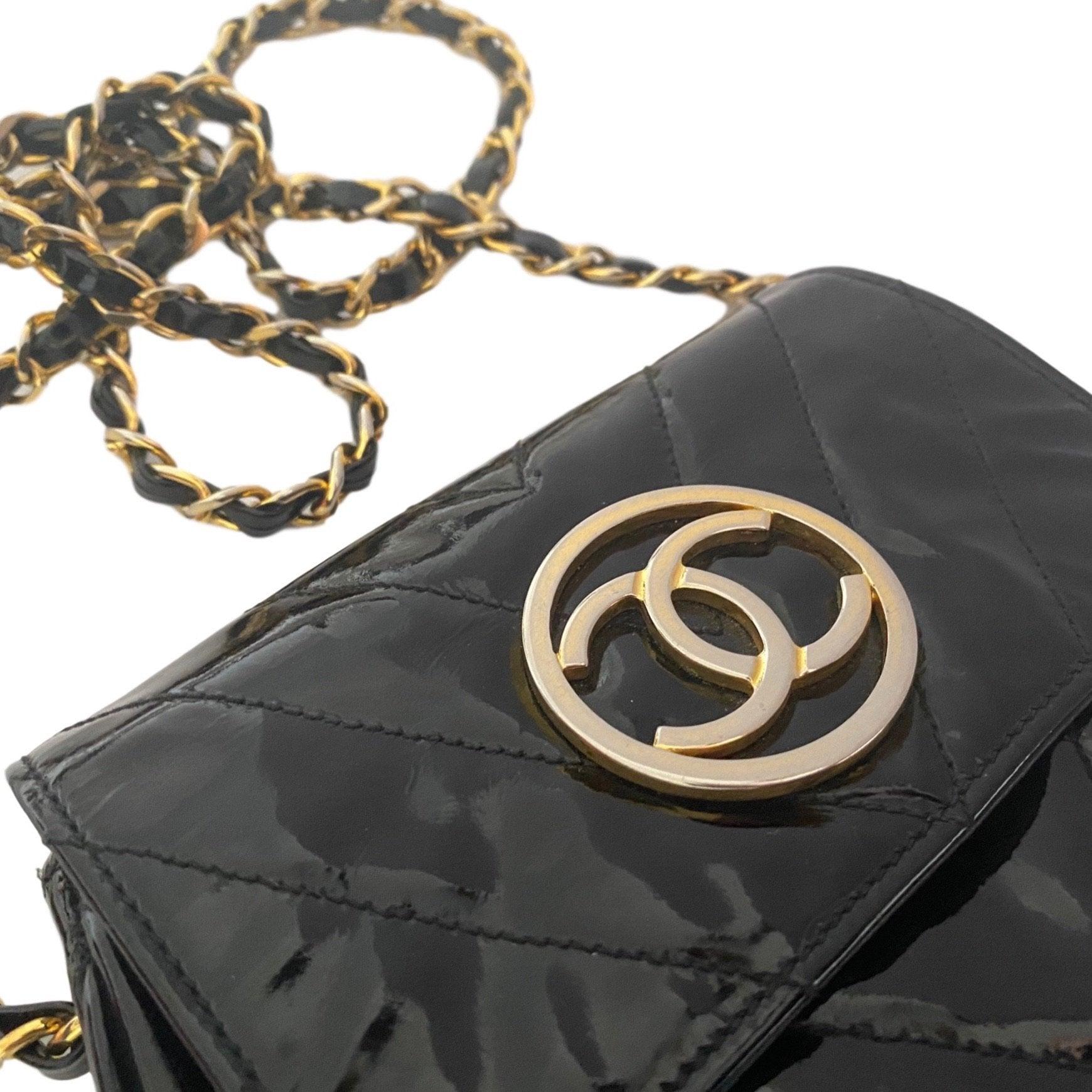 Chanel Black Patent Chevron Mini Chain Bag - Handbags