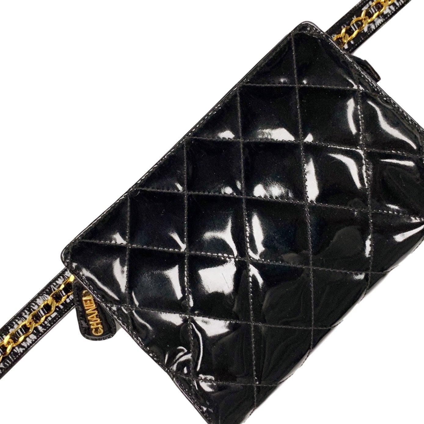 Chanel Black Patent Leather Quilted Belt Bag