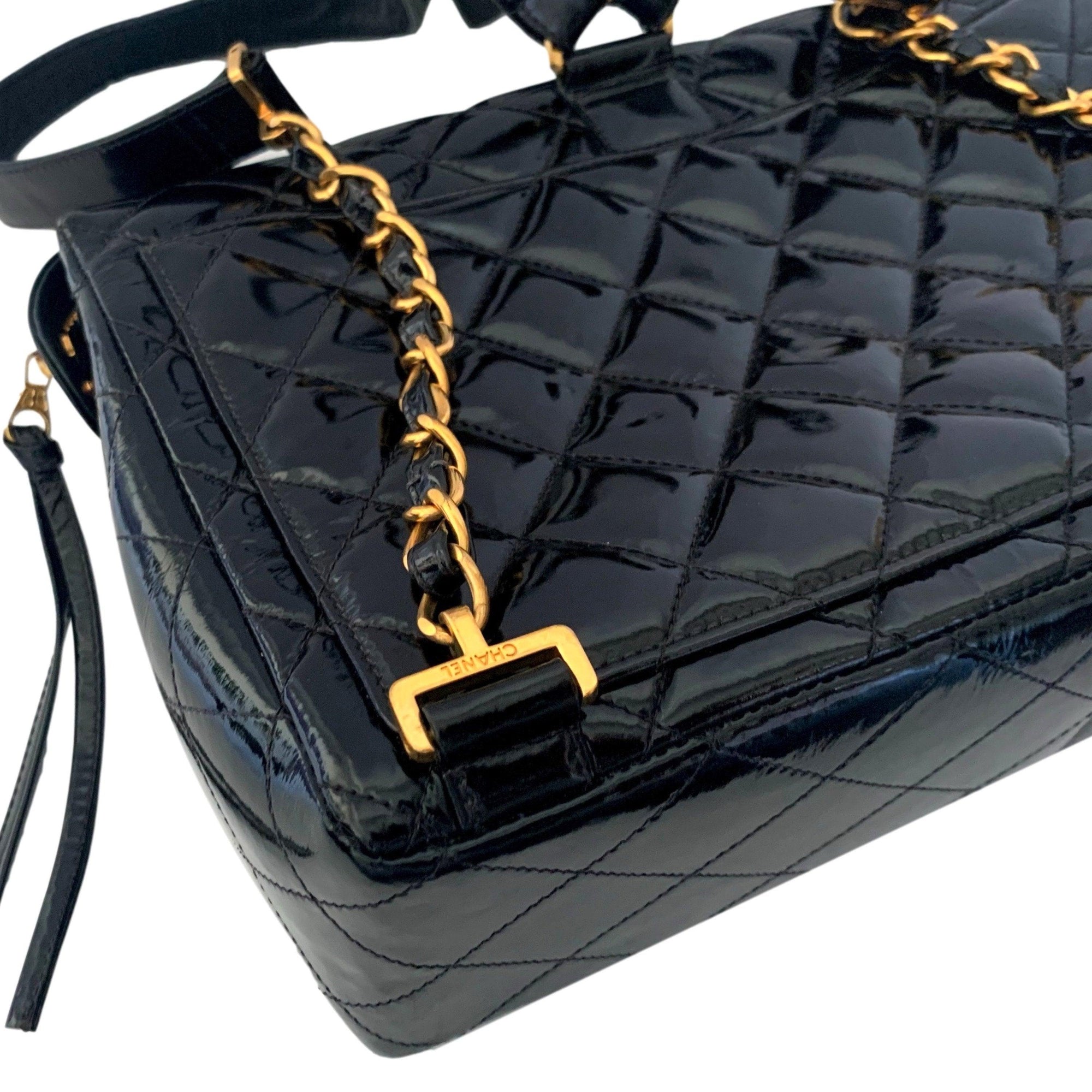 chanel patent leather backpack Chanel Black Quilted Patent Leather Backpack