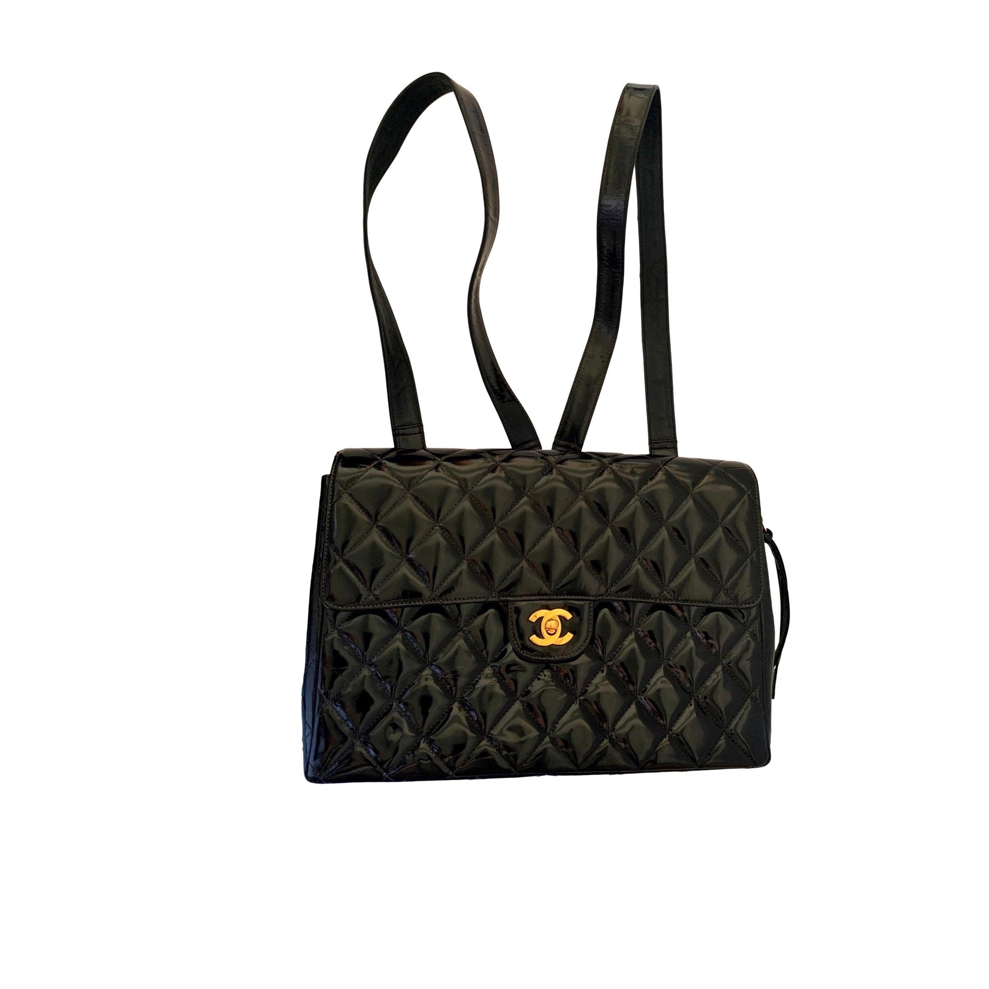 Chanel Black Quilted Patent Leather Backpack - Handbags