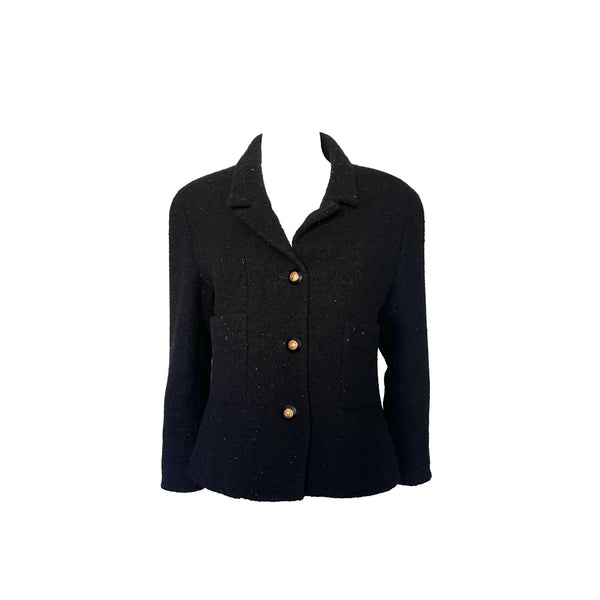 Chanel Black Tweed Logo Button Blazer - Apparel