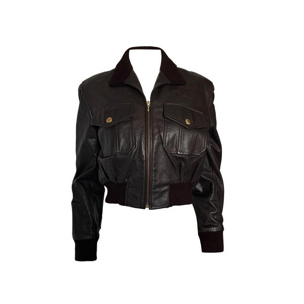 Chanel Brown Leather Bomber Jacket - Apparel