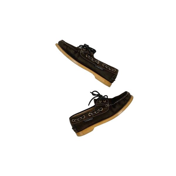 Chanel Brown Logo Chain Boat Shoes - Shoes