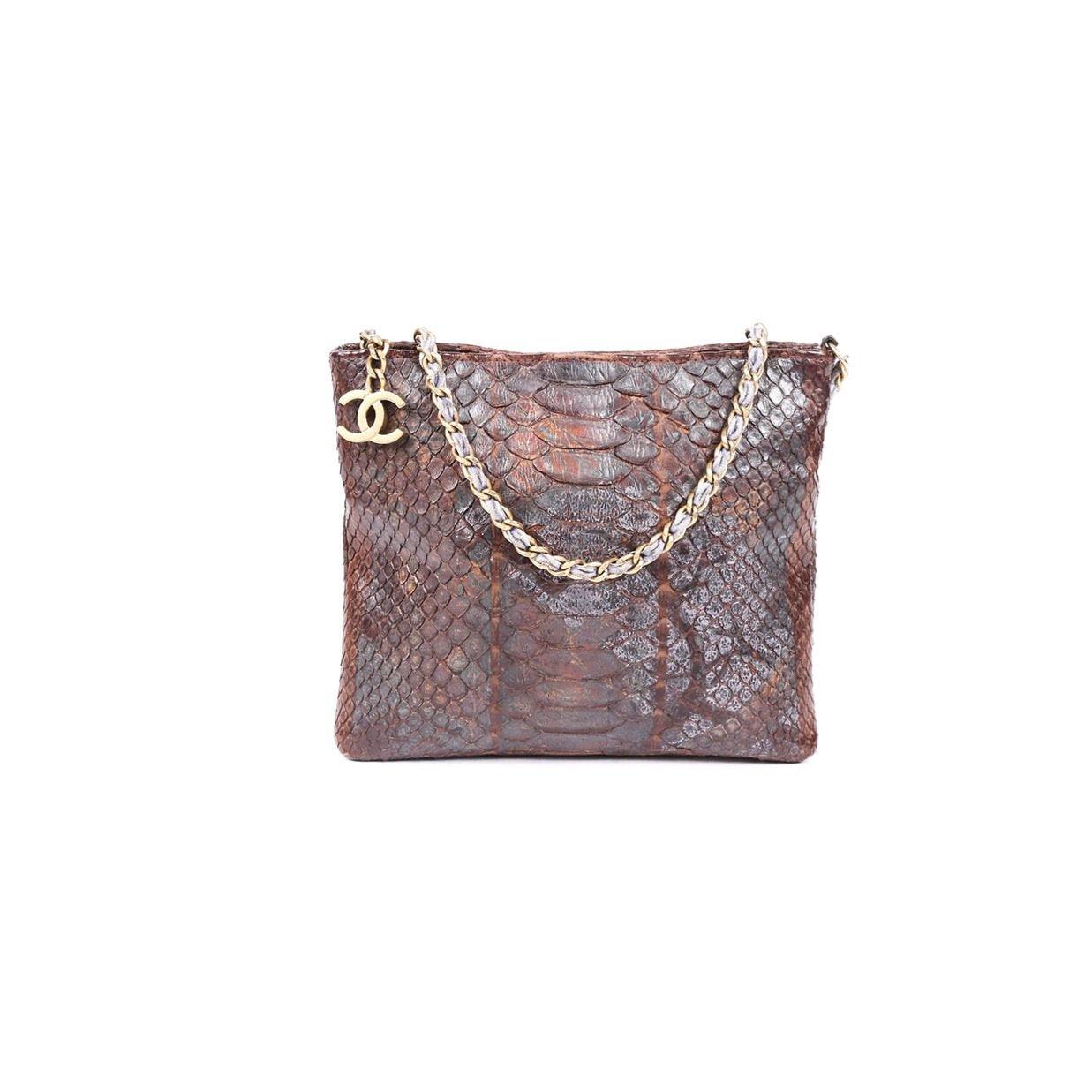 Chanel Brown Snakeskin Logo Shoulder Bag - Handbags
