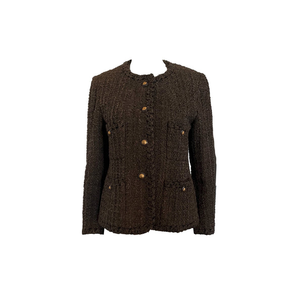 Chanel Brown Tweed Logo Button Blazer - Apparel