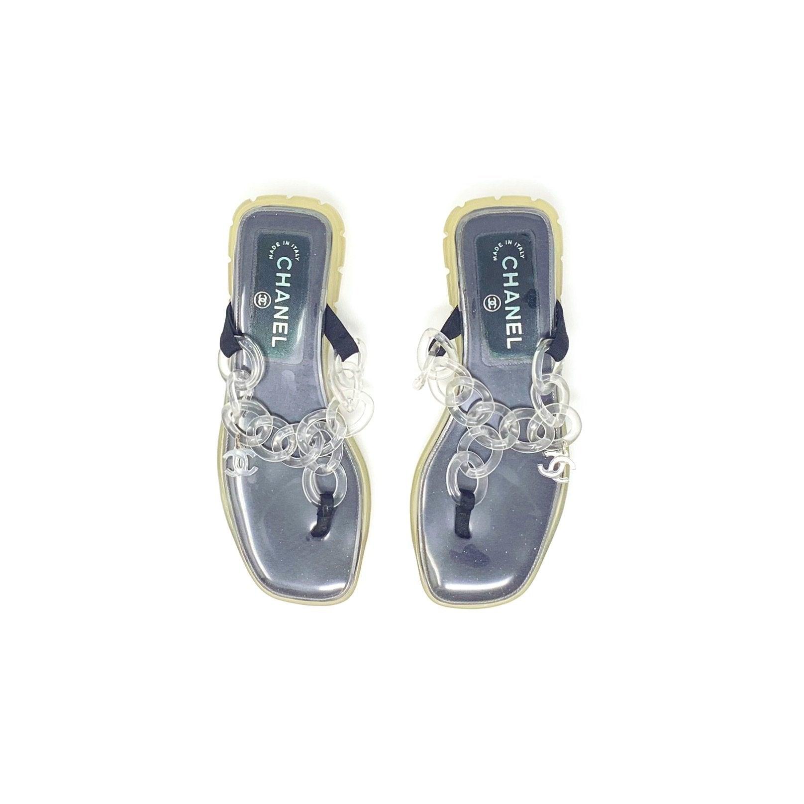 Chanel Clear Chain Logo Flat Sandals - Shoes