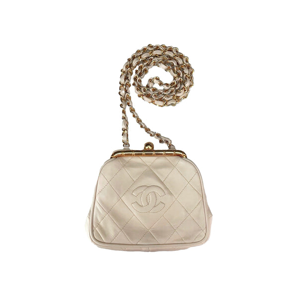 Chanel Cream Logo Kisslock Chain Bag - Handbags