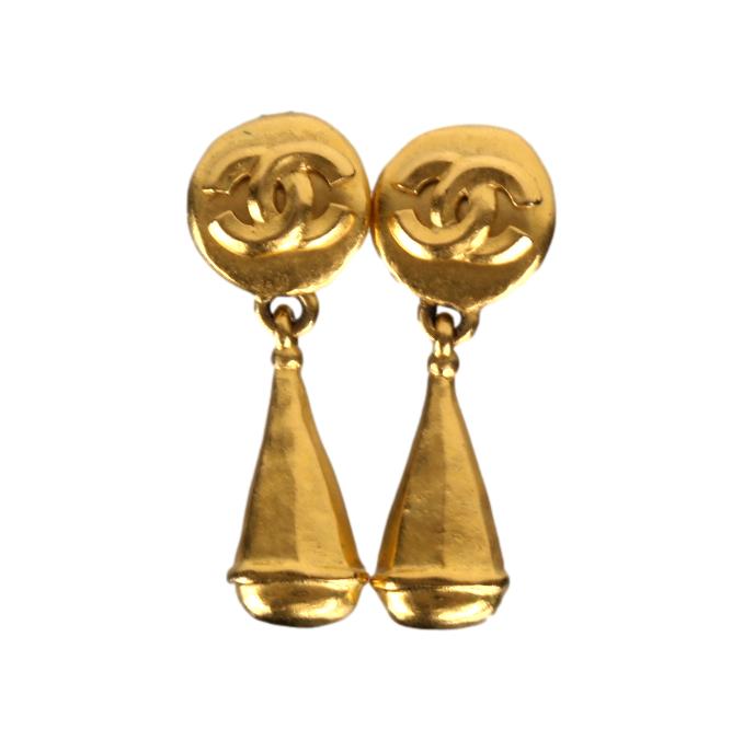 chanel gold black leather earrings