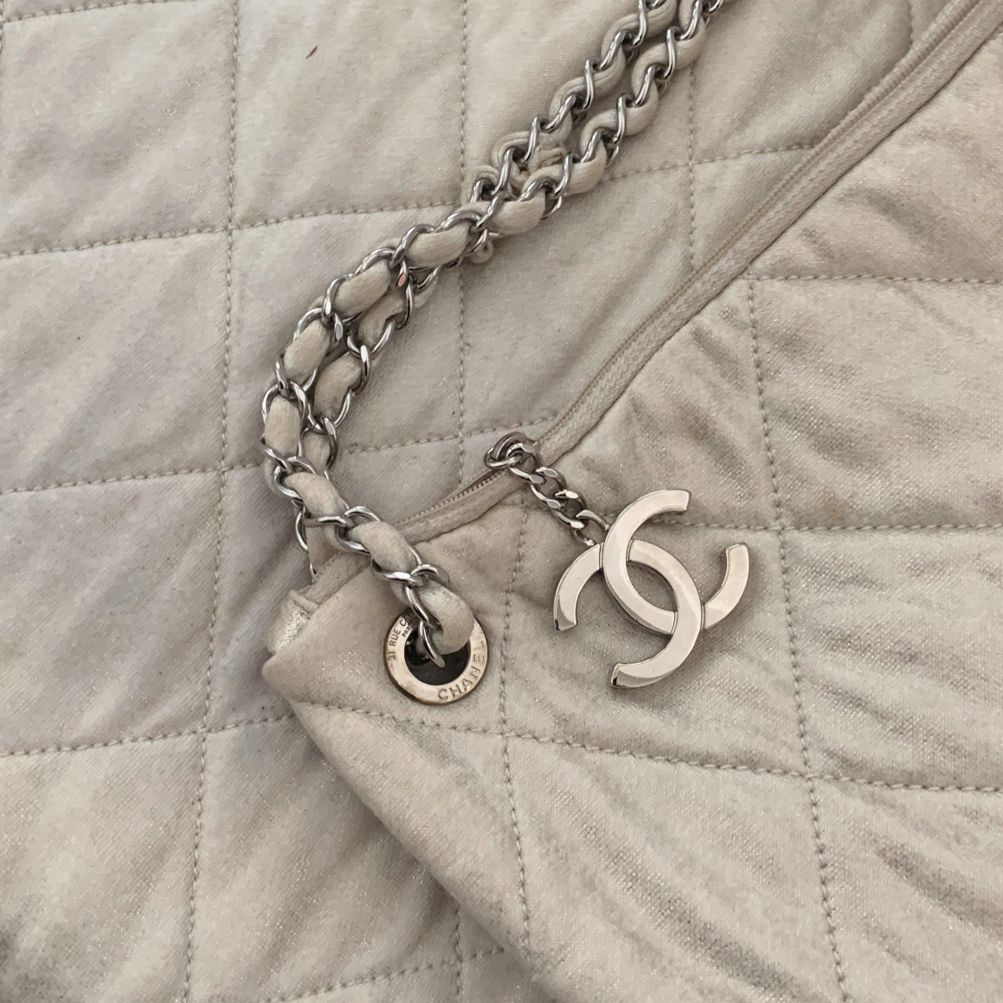 Chanel Grey Jumbo LA Logo Hobo Chain Bag - Handbags