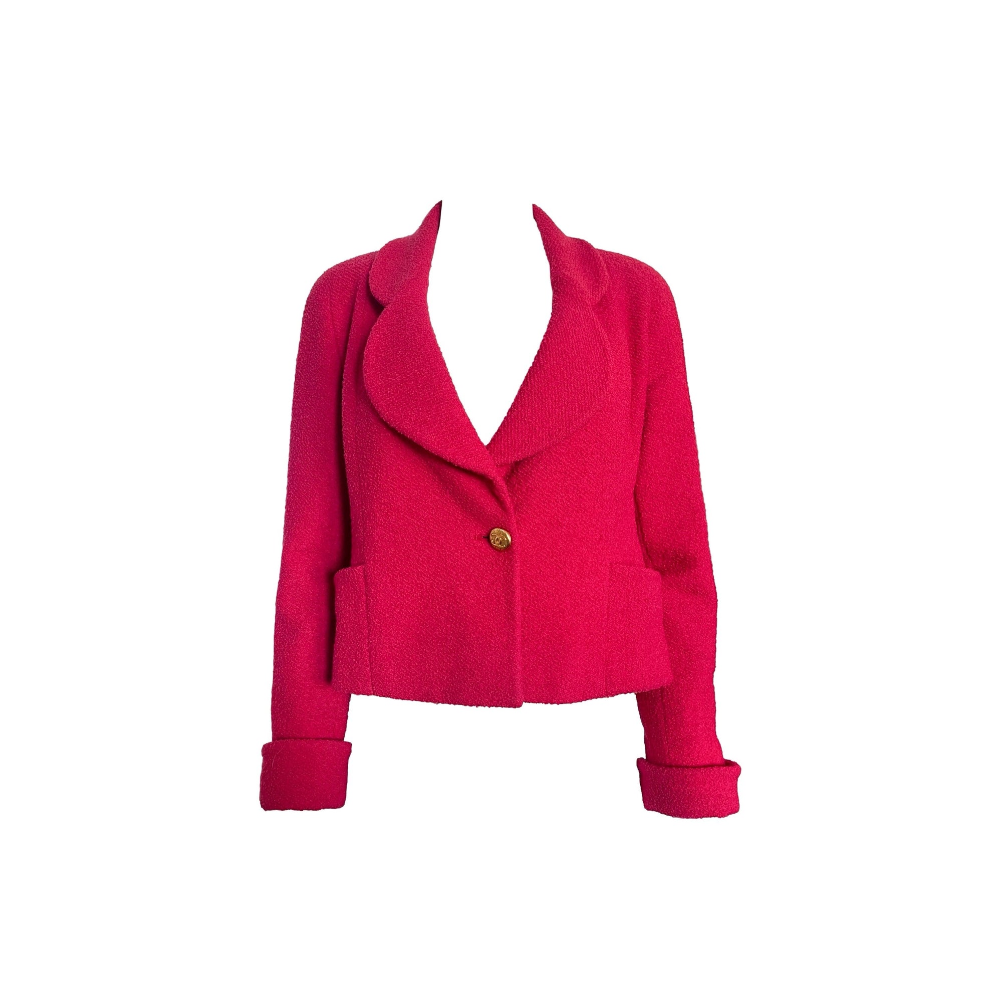 Chanel Fuchsia Tweed Logo Button Cropped Blazer - Apparel