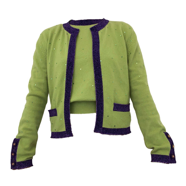 Chanel Lime Green Sequin Cardigan Set - Apparel