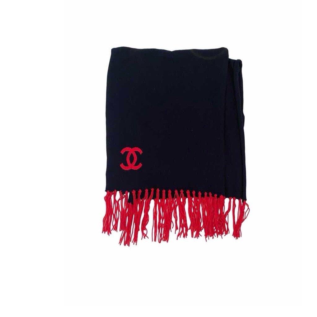 Chanel Navy Logo Tassel Scarf - Accessories