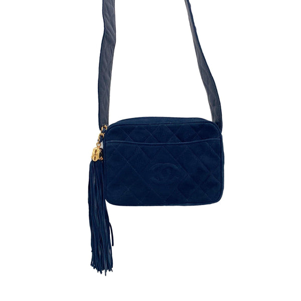 Chanel Navy Suede Tassel Logo Camera Bag - Handbags