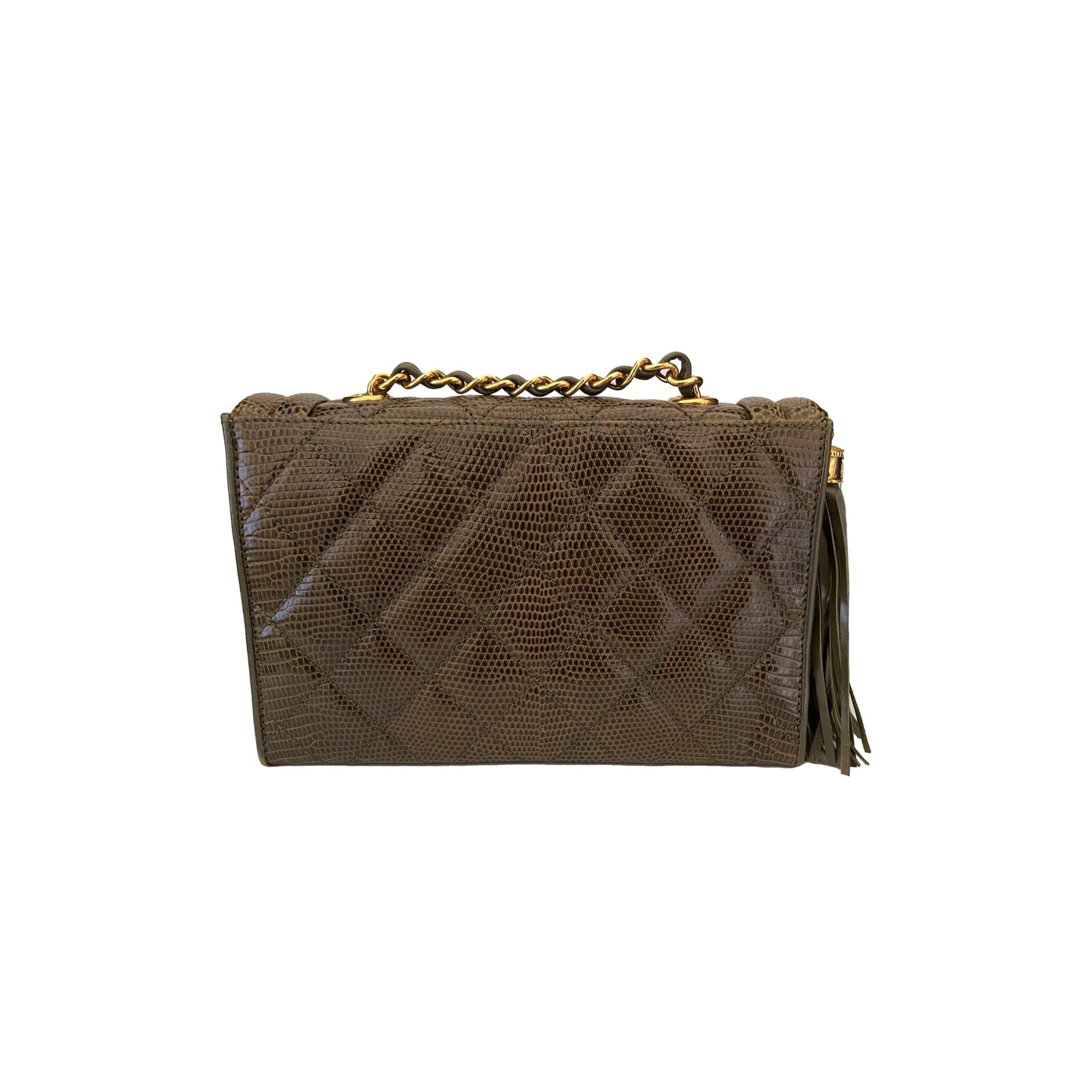 Chanel Olive Lizard Quilted Chain Bag - Handbags