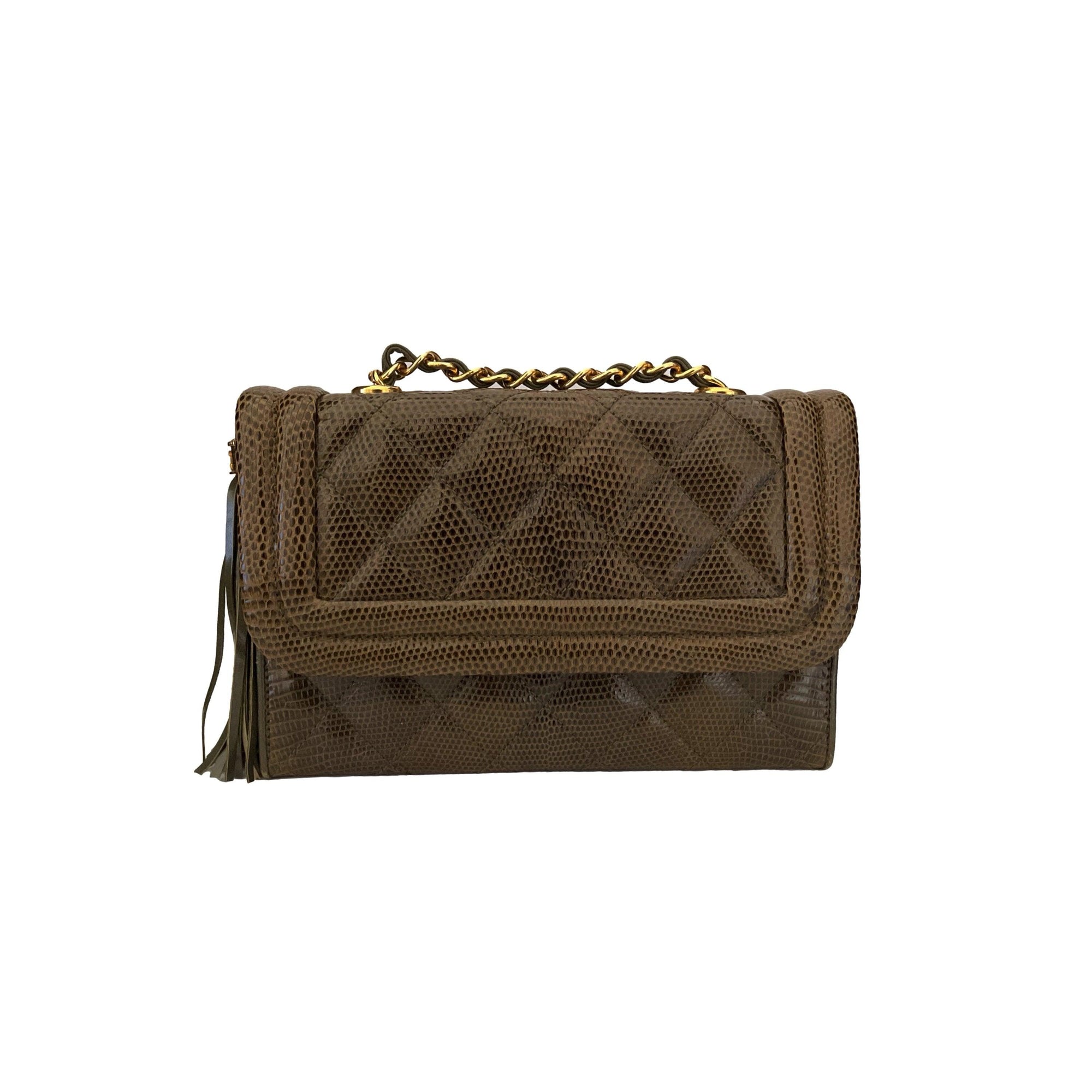 Chanel Olive Lizard Quilted Chain Bag - Handbags