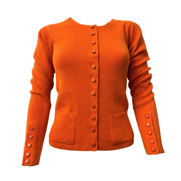 Chanel Orange Cashmere Logo Button Cardigan - Apparel