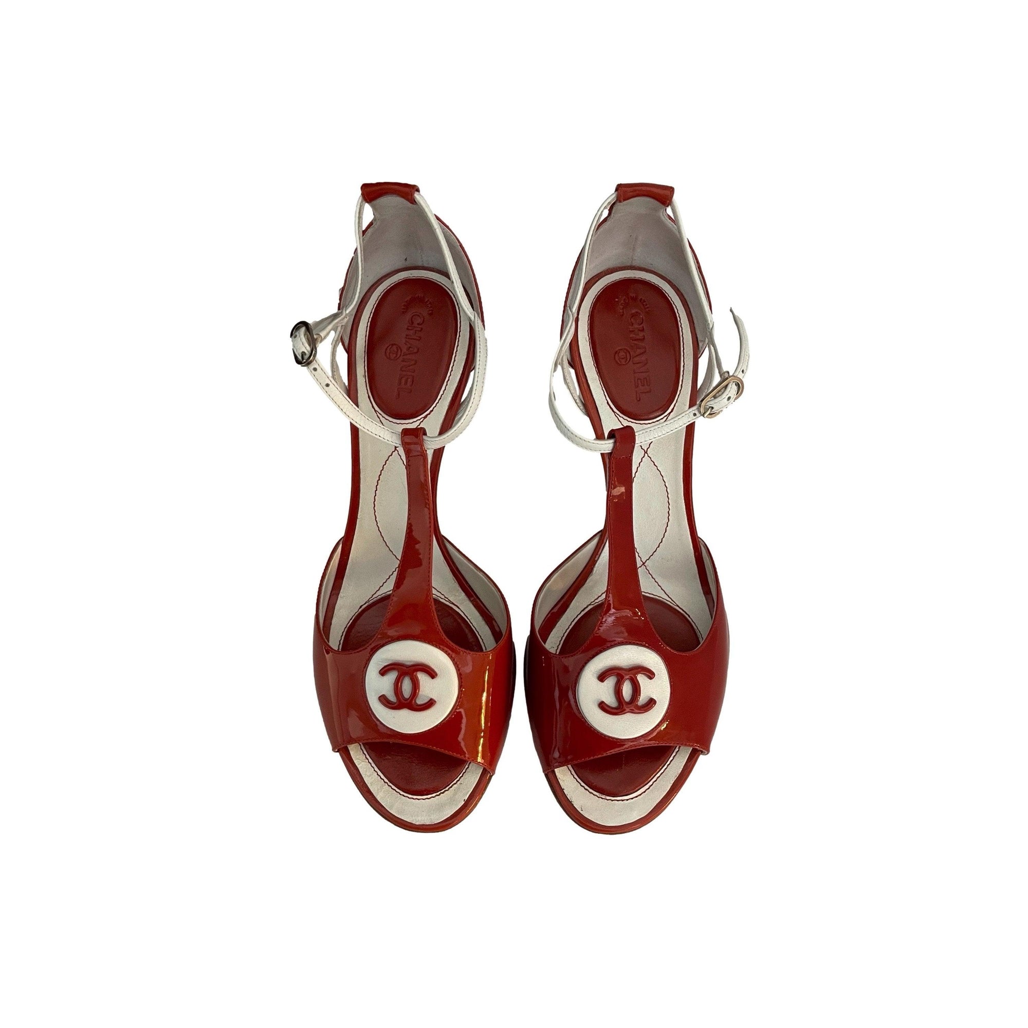 Chanel Orange Logo Peep Toe Heels - Shoes