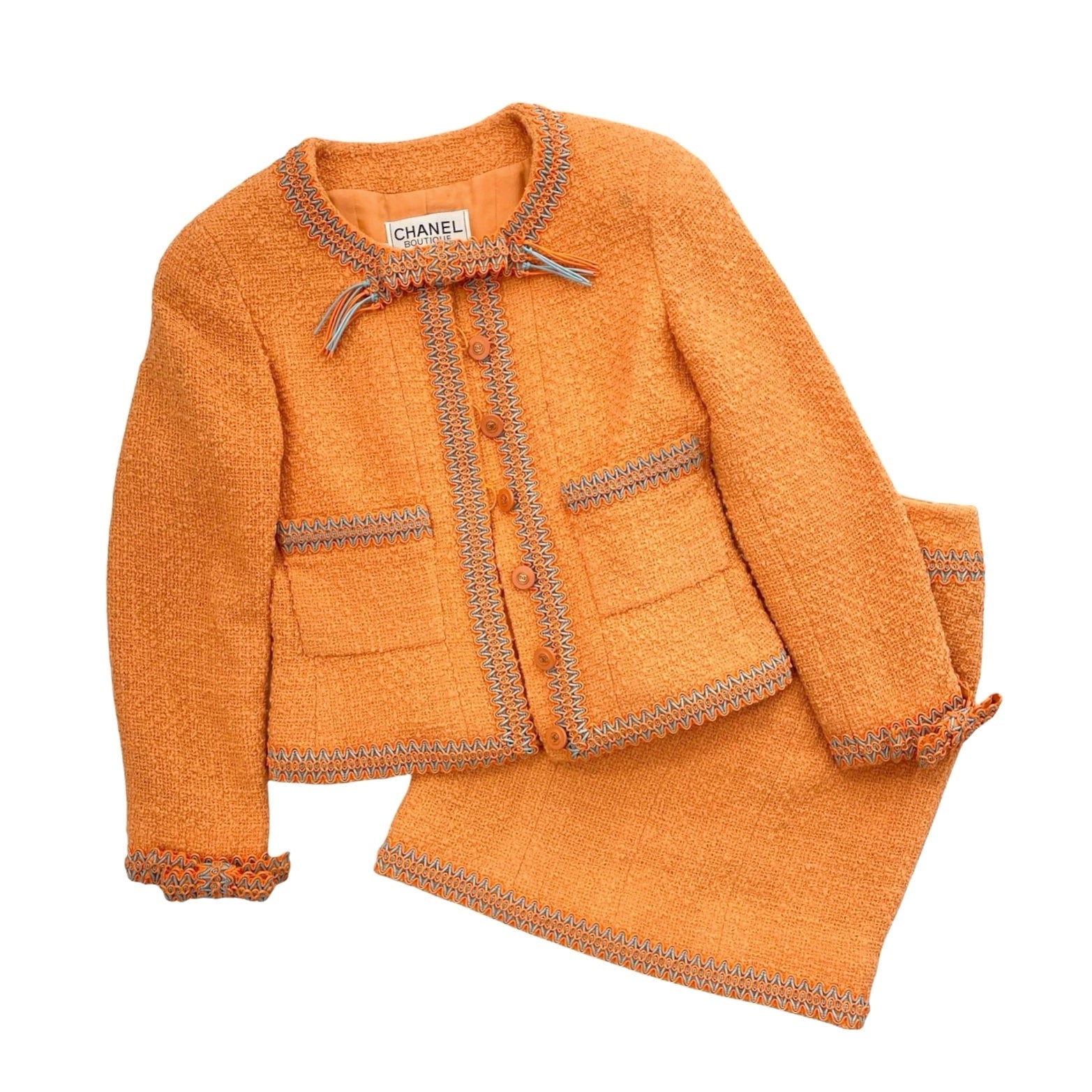 CHANEL 1998 Orange and Beige Wool Tweed Vintage Skirt Suit Bouclé CC  Buttons For Sale at 1stDibs