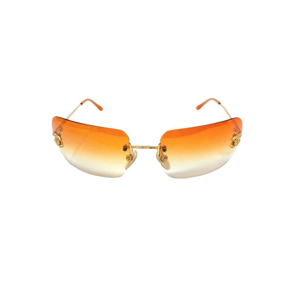 Chanel Orange Rhinestone Logo Rimless Sunglasses - 