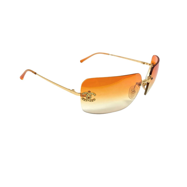 Chanel Orange Rhinestone Logo Rimless Sunglasses - 