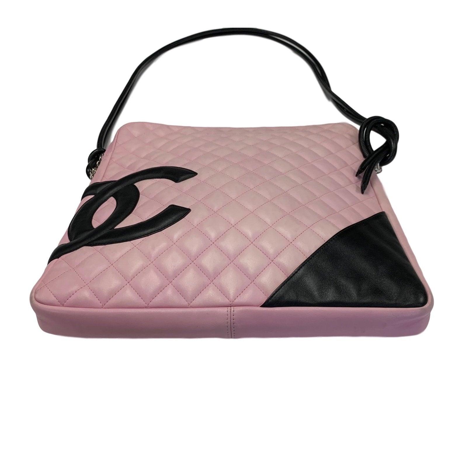 Chanel Cambon Pink Black Lambs Leather Large Shoulder Tote Bag