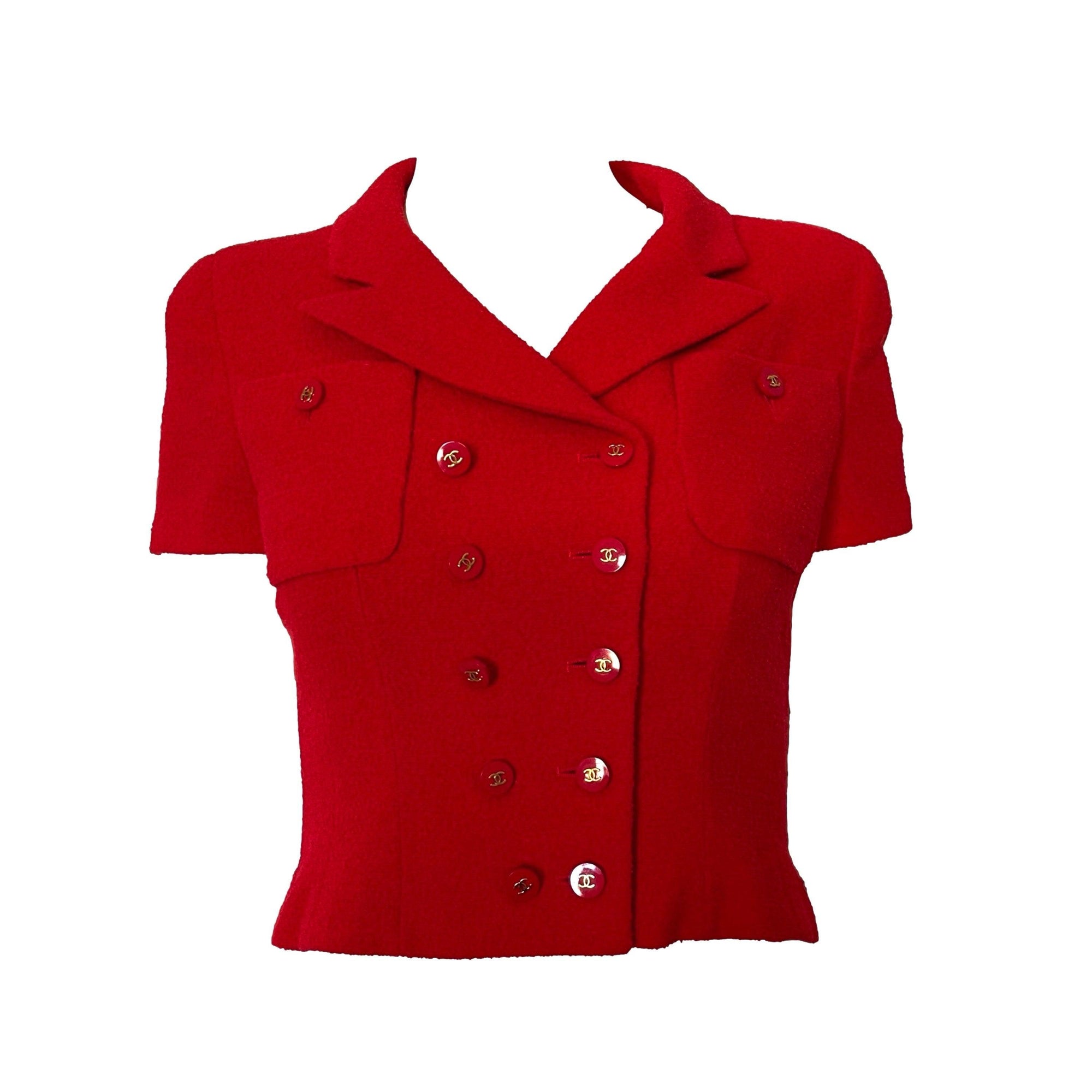 Chanel Red Logo Button Crop Jacket - Apparel