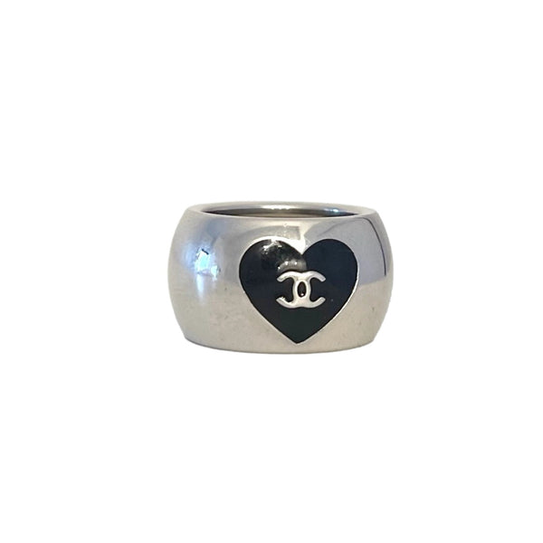 Chanel Silver Logo Heart Ring - Jewelry